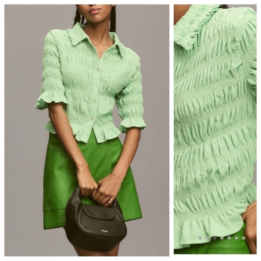 Anthropologie Maeve Smocked Button-Front Short Sleeve Top Green 4496